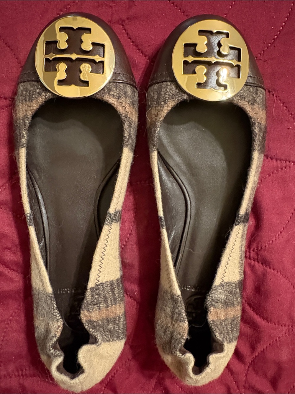 9M Tory Burch Brown Plaid Logo-Top Ballet Flats